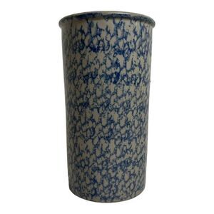 Vintage Spongeware Blue Pottery Planter Canister Container Utensil Holder